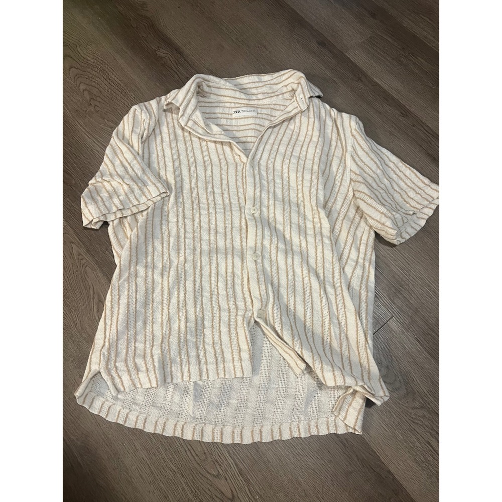Zara Mens Textured Vertical Stripe Short‎ Sleeve Button Down Shirt Tan White Med